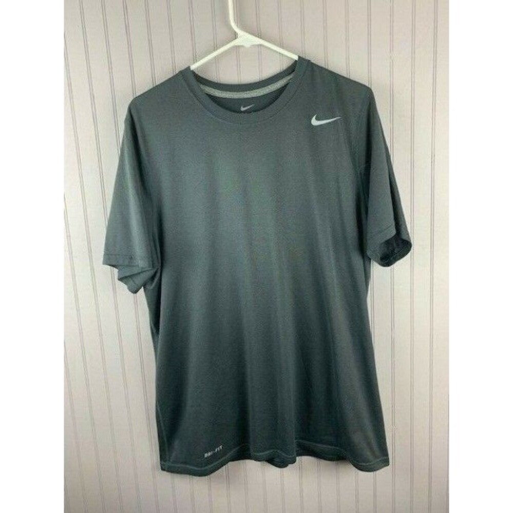 Nike Size L Mens Activewear T Shirt Gray Short Sleeve Logo Dri Fit